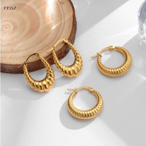 Screw thread croissant chunky hoop earrings for women stainless steel gold oval bold hoop earrings lightweight trendy 2021