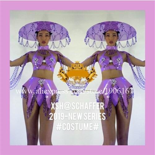 Nightclub Women Purple Crystal Sexy Lady Ballroom Costume Party Event Stage Performance Dress Clothes With Hat Dance Suit