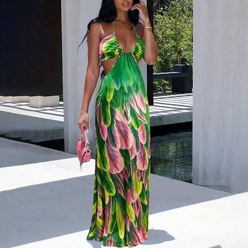 Floral Print Long Dress Sexy Spaghetti Strap Deep V Neck Hollow Out Beach Sundress for Women Sleeveless Bohemian Maxi Dress D30