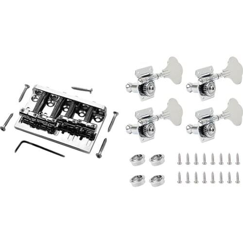 4Pcs Guitar Tuning Pegs Electric Bass Tuner Peg with 4 String Hardtail Bass Guitar Bridge Chrome