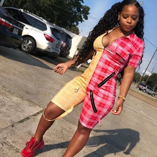 ANJAMANOR Plaid Patchwork Bodycon Rompers Womens Jumpsuit Streetwear One Piece Outfit Sexy Short Sleeve Playsuit 2021 D13-DB23