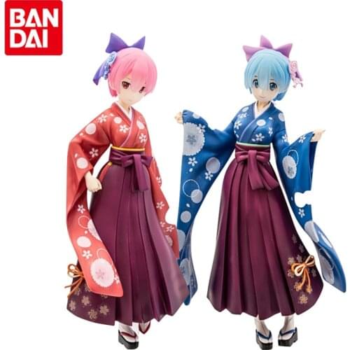 Bandai Genuine Re:Life In A Different World From Zero Ram Rem Kimono Anime Action Figures Collectible Model Ornaments Toys