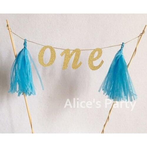 Handmade Kids 1st Birthday Cake Banner Gold one two Blue Tassels Cake topper Bunting cake decoration baby shower 1th party decor