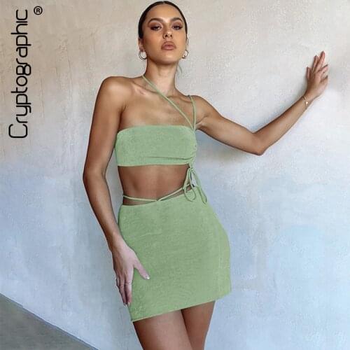 Cryptographic Drawstring Ruched Sexy Bandage Skirt Sets Fashion Outfits Summer Club Party Lace Up Top and Skirts Matching Set