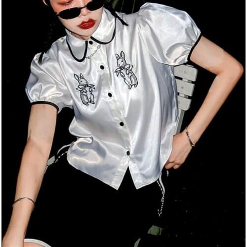 Korean womens summer shirt embroidery cartoon cute rabbit shirt beautiful party Peter Pan college style blouse NS758