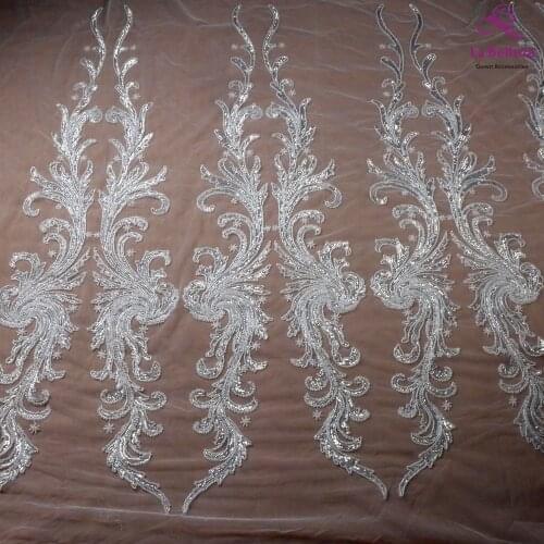 La Belleza Ivory wedding dress lace fabric ,Heavy silver beaded sequins on off white mesh lace fabric 100cm width 1 yard