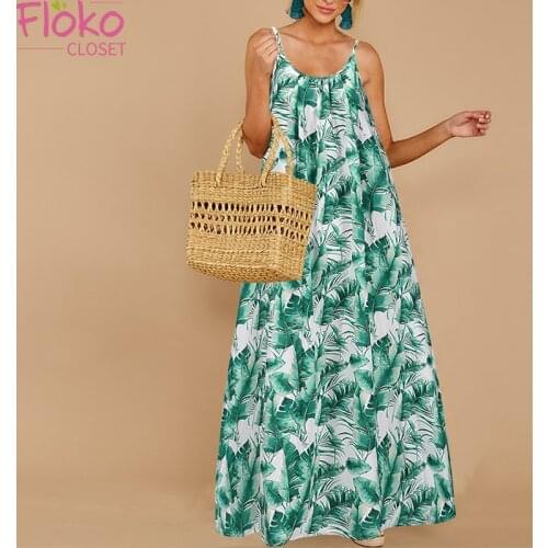 Flokocloset Summer Backless Spaghetti Strap Loose Maxi Dresses Women Evening Party Beach Dress Print Sleeveless Sundress