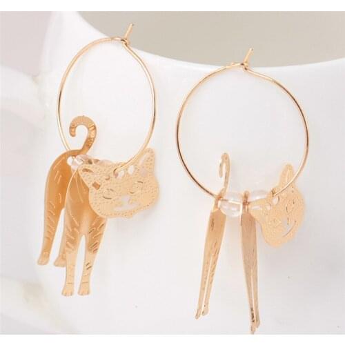 Fashion Cute Cat Dangle Pendant For Women Brincos Jewelry Big Circle Simulated Pearl Earrings Gold Color