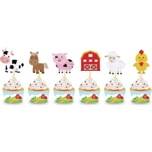 Cartoon Farm Animals Birthday Cake Cup Wrapper and Toppers Cupcake Decorating for Kids Baby Shower Birthday Party Decoration