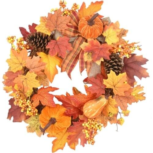 E56C 20 Inch Autumn Wreath Artificial Maple Leaf Berries Pumpkin Fall Garland Hanging Ornaments Halloween Thanksgiving Home