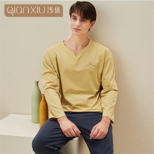 Sleepwear Male Spring Autumn Cotton Bamboo Fiber Men Pajamas Set Casual Long Sleeve + Long Pants 2 Pieces Mens Pajama Pullover