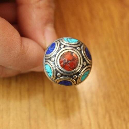 RG336 Ethnic Tibetan Lapis Coral Stone 21mm Round Adjustable Ring Handmade Nepal Jewelry Women Ring