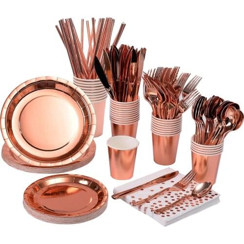 Rose Gold Party Supplies Dinnerware Paper Plates Napkins Cups Tableware Sets Wedding Bridal Shower Engagement Birthday