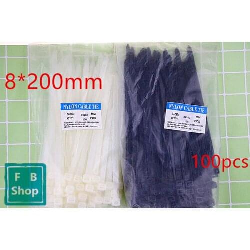 100Pcs/pack 8*200mm Black And White Color Factory Standard Self-locking Plastic Nylon Cable Ties