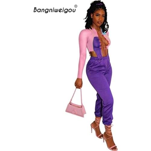 Bangniweigou Sexy Lace-up Hollow Out Top Pants Two Piece Outfits for Women Matching Sets Fall Color Block Party Tracksuits