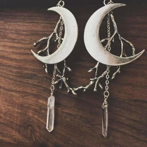Raw Quartz Crystal Earrings with Crescent Moons and Branch Western Hippie Boho Witchy Festival Jewelry,Gift,For Her