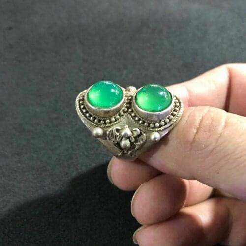 Old Chinese tibet silver inlay jade carved bat Ring Qianlong Mark