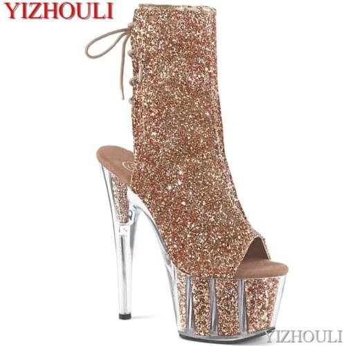 17cm see-through stiletto heels, sexy 7-inch ankle boots, peep-toe sequined vamp, party club, model pole dancing shoes