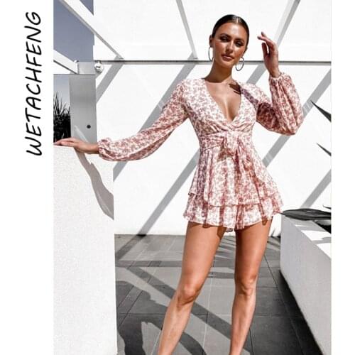 Spring Sexy V Neck Long Sleeve Playsuits Women Ruffles Floral Print Shorts Rompers Dress Beach Bohemian 2021 Overalls Clothing