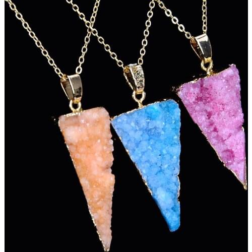 Triangle Crystal Druzy Natural Stone Pendant Necklaces For Women Fashion Gold color Link Chain Colar Feminino Jewelry