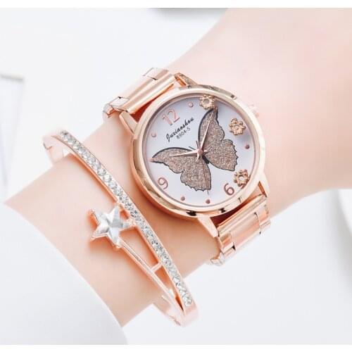 Women Watches Rose Gold Bracelet Set Butterfly Pattern Unique Dial Ladies Bracelet Wrist Watches Dress Diamond Bracelet Clock