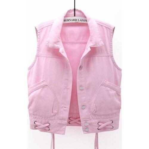 Korean Fashion Pink Denim Vest Women Summer Thin Student Waistcoat Sleeveless Jacket Loose Big Pocket Short Jeans Vests Female