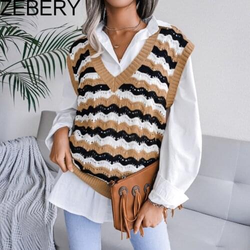 ZEBERY Stripe V Neck Sweater Sleeveless Women Khaki Jacquard Autumn Winter Fashion Patchwork Y2k Knitted Vest Casual Pullover