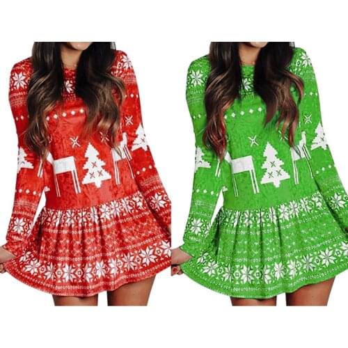 Women New Christmas Print Mini Dress Autumn Casual O Neck Ladies Vacation Long Sleeve Snowflake Xmas Tree Short Dresses Vestidos
