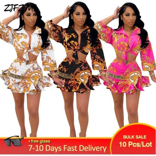 Bulk Items Wholesale Lots Womens Two Piece Skirt Set Sexy Aesthetic Print Full Sleeve Blouse and Ruffles Bodycon Mini Dress Y2K