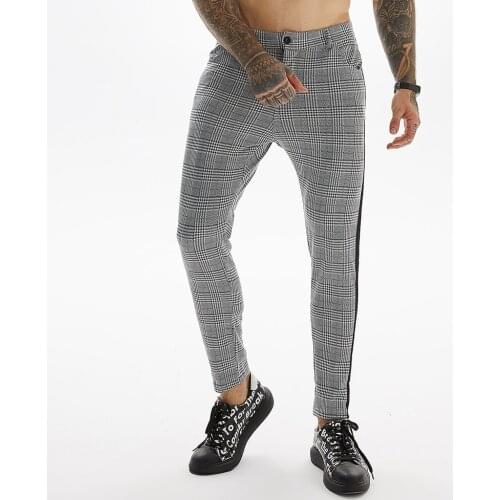 Mens Casual Pants Cotton Trousers Business Office Work Skinny Slim Fit Men Chinos Pants Black Streetwear Side Stripe Plaid Pants