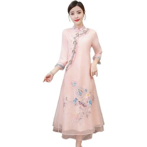 Chinese Oriental Cheongsam Dress Women Print Traditional Chinese Wedding Dress Retro Elegance Evening Party Dresses V1900