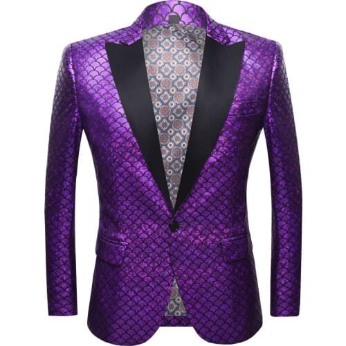 Mens shawl lapel blazer design large size Violet mesh sequined blazer jacket DJ club stage singer costume