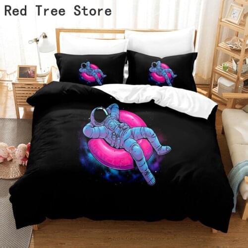 3D Bedding Set Astronaut and Swim Ring Funny Printing Duvet Cover Cartoon Black Design Kids Children Bedclothes Single Double