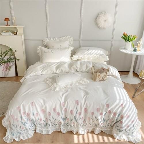 Luxury White Soft Cozy Egyptian Cotton Princess Bedding Set Tulip Flowers Embroidery Duvet Cover Flat/Fitted Sheet Pillowcases