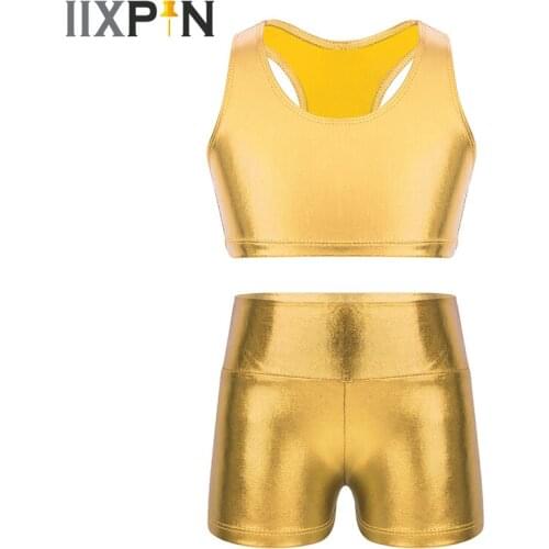 Kids Girls Jazz Dance Costume Outfit Shiny Metallic Sleeveless Crop Top With High Waist Shorts Set Dance Stage Performance Wear