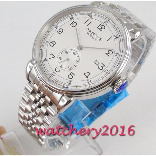42mm PARNIS White Dial Date jubilee strap solid Automatic Mechanical mens Watch