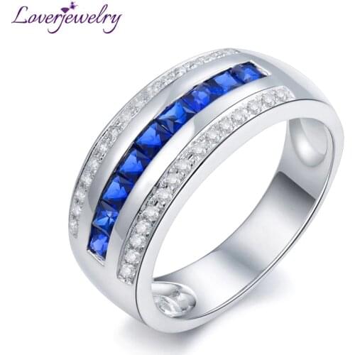 LOVERJEWELRY Fancy Ring For Men Solid 14k White Gold 0.80ct Blue Sapphire Diamond Wedding Anniversary Engagement Ring SR0009