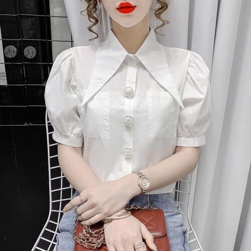 Summer 2021 new design sense niche polo collar French short-sleeved white shirt womens fashion western-style blouse