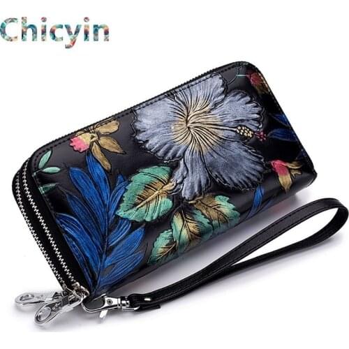 New Flower Women Clutch Wallet Genuine Leather Wallet Female Long Wallet Women Zipper Purse Strap Coin Purse Cell Phone Pocket