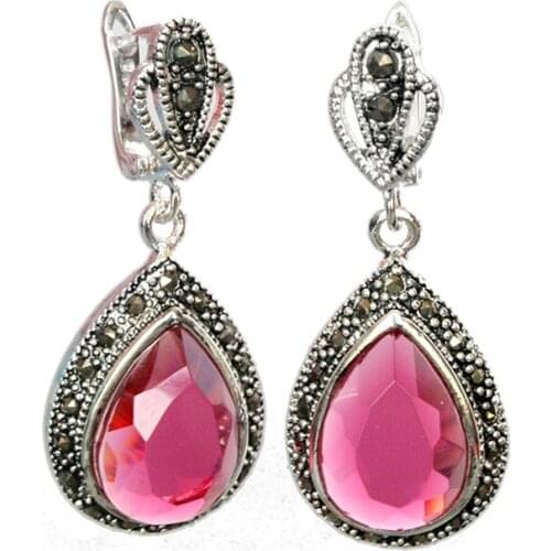 Wholesale good Genuine Faceted pink Crystal Marcasite Waterdrop Earring 1 1/2"