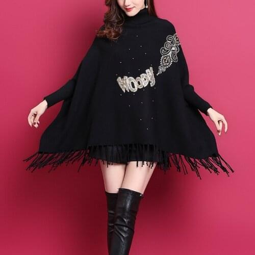 ZJZLL Wholesale Autumn Sueters De Mujer Turtleneck Women Knit Shawl Beading Tassel Knitted Letter Pullover Capes Poncho Sweater