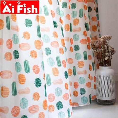 Nordic Cartoon Orange Pumpkin Bedroom Curtain Green Cactus Semi-shade Cotton and Linen Fabric Tulle for Kitchen Drapes MY449C