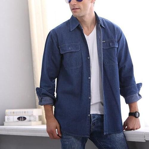 Autumn Winter Denim Long-sleeved Shirt Men Casual Fashion Tooling Mens Shirts Washed Jeans Shirt Mens Clothing Plus Size M-4XL