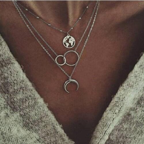 World Map Pendant Necklace Romantic Charms Necklace Women Fashion Multi-layered Bohemia Moon Necklaces Women Birthday Gift