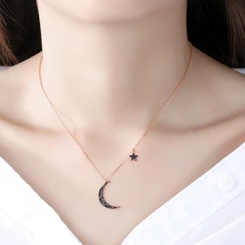 Black/Red Zircon Star-Moon Pendant Necklace Rose-Gold Titanium-Steel Korean-Version Hot Fashion Women Jewelry Gifts (GN227)
