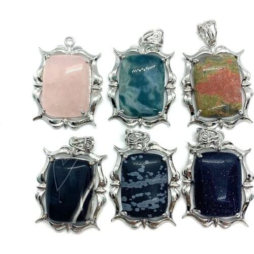 Natural Gem Stone Necklaces Crystal Rectangular Pendants Charms for Jewelry Making Wholesale Evil Eye Silver Alloy Charms