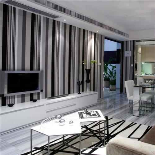 Beibehang Non - woven bedroom simple modern black and white gray vertical stripes living room wallpaper TV backdrop
