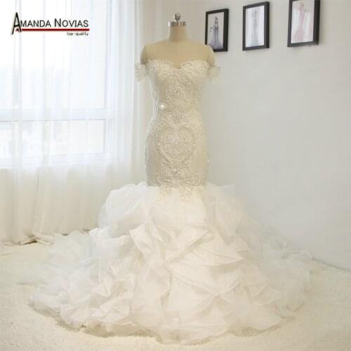 2019 Luxury Full Crystal Beading Real Wedding Dress Amanda Novias Mermaid Organza Ruffls