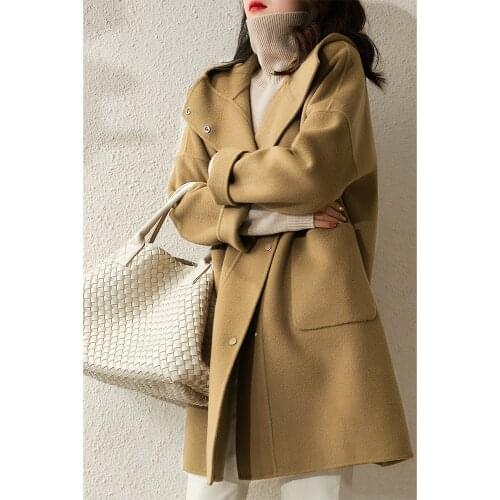 Temperament Age Reducing Casual Hooded Full Wool Double Faced Woolen Overcoat Female