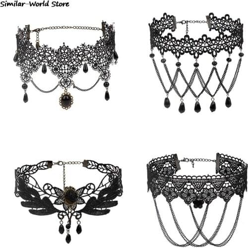 Gothic Punk Style Gem Decoration Women Black Lace Beads Choker Collar Necklace Chocker Jewelry